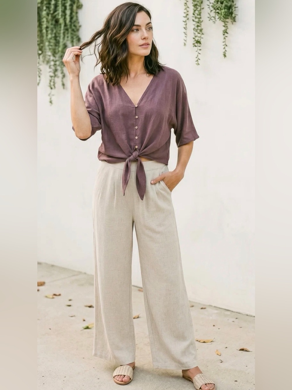 NWOT Sozy sz M wide leg cropped linen pants tan cream